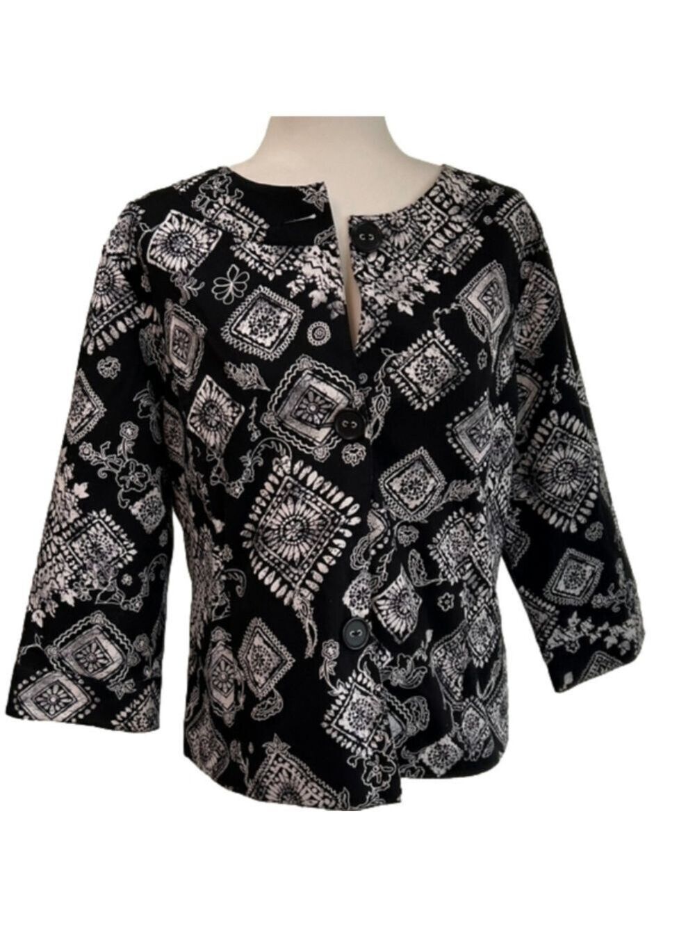 Coldwater Creek Batik Like Print 3/4 Sleeve Lined Jacket Size 12 EUC